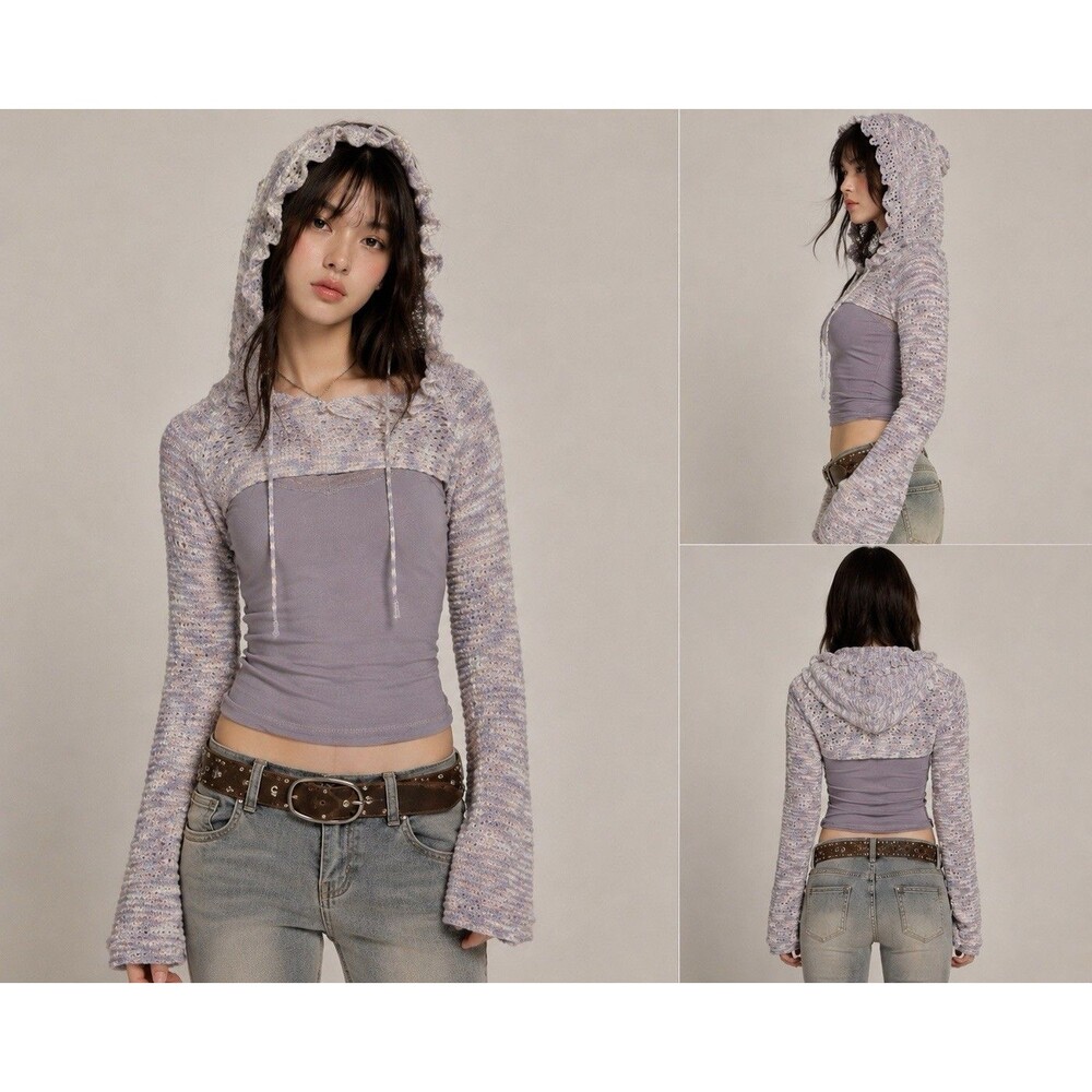 Urban Outfitters Fairycore Hooded Shrug Top S/M Y2K Boho Knit Bell Sleeve Small
